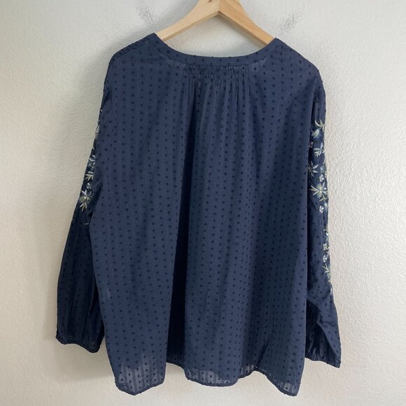 J Jill Womens XL Navy Embroidered Tunic Top Blouse Long Sleeve Floral Boho - Picture 11 of 12